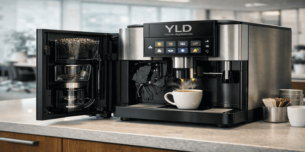 Commercial espresso machine internal components shown in realistic professional product setup