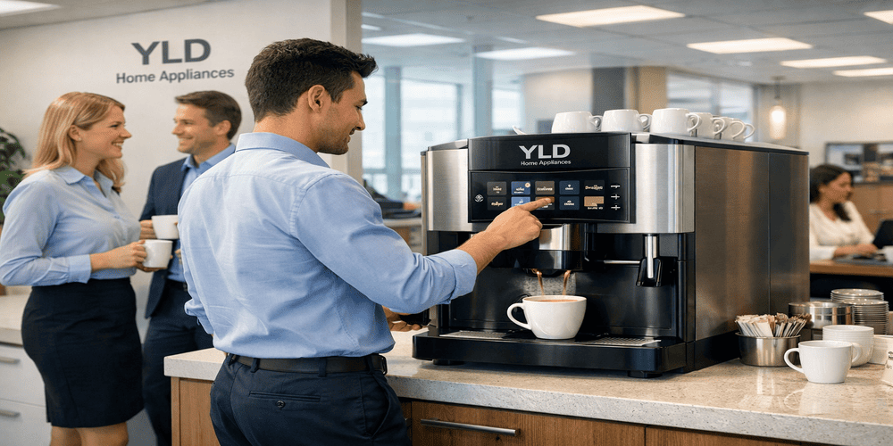Fully automatic espresso coffee machine used in modern office environment for fast coffee service