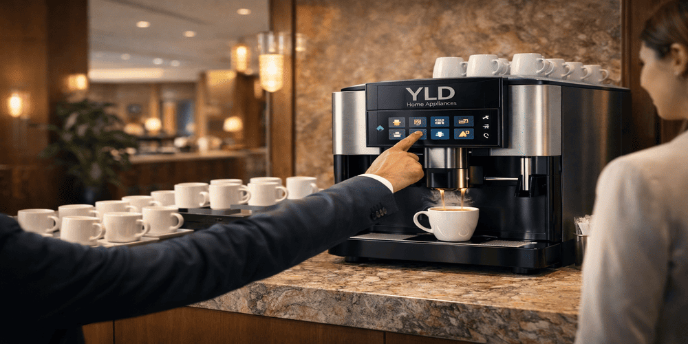 Fully automatic espresso machine in hotel self service coffee station with premium interior setup