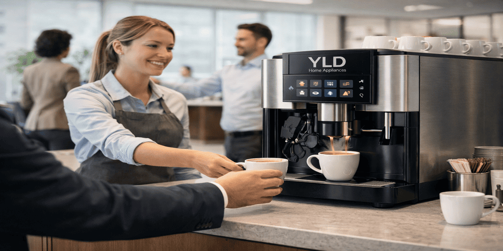 Fully automatic espresso machine used in busy commercial environment with staff serving customers