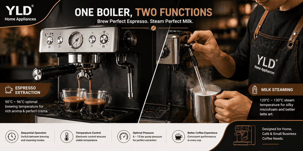 Single boiler espresso machine brewing espresso and steaming milk process