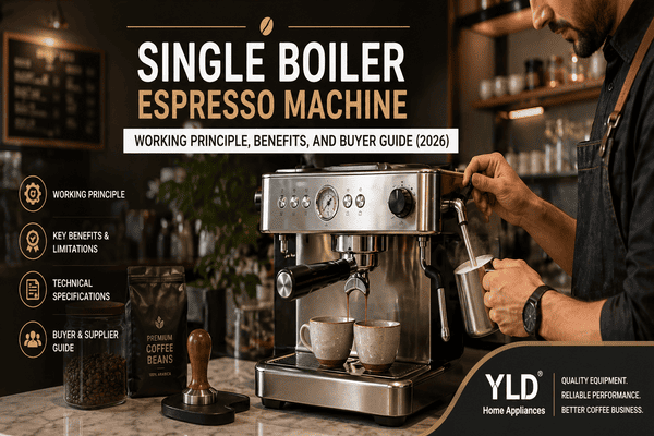 Single boiler espresso machine buyer guide cover image with YLD Home Appliances branding (1)