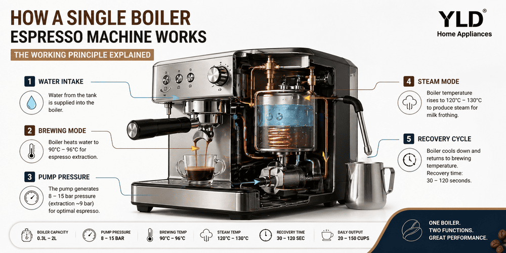 Single boiler espresso machine internal working process diagram