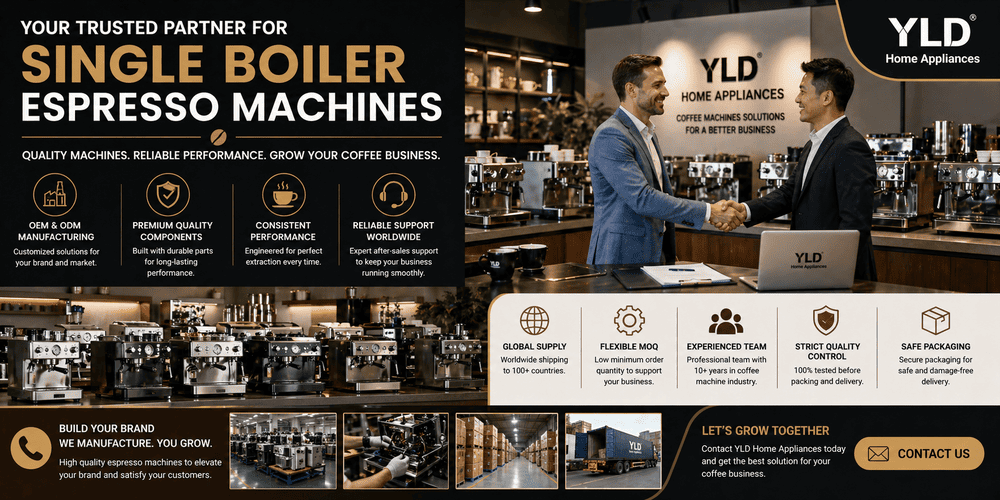 Single boiler espresso machine supplier and OEM manufacturing showroom