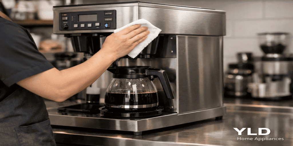 clean commercial coffee brewer machine daily cleaning process in commercial kitchen environment