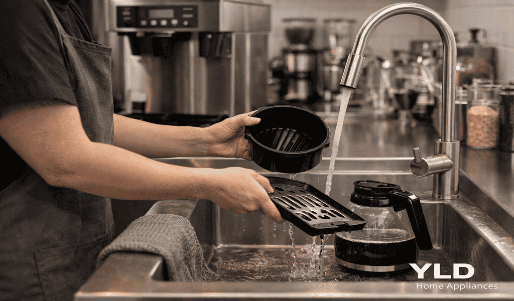 coffee machine cleaning process showing removable parts washing for commercial coffee machine maintenance