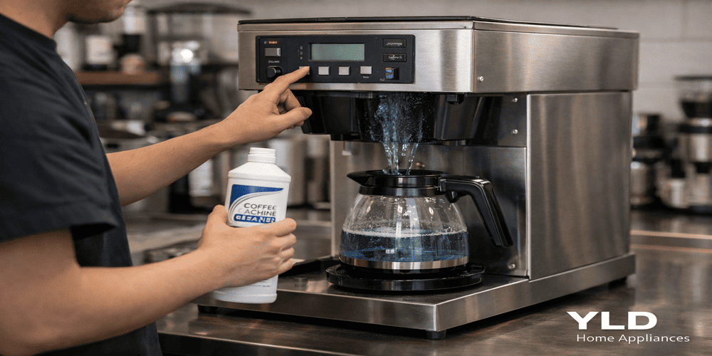 commercial coffee machine maintenance using cleaning solution for deep internal cleaning process