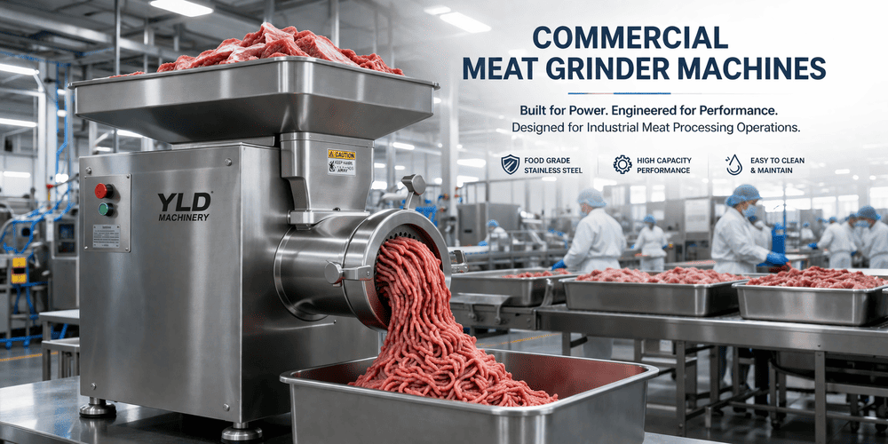 commercial meat grinder machine in industrial food processing factory with stainless steel construction