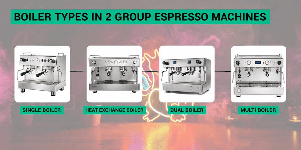 different boiler types in 2 group espresso machines including single heat exchange dual and multi boiler systems