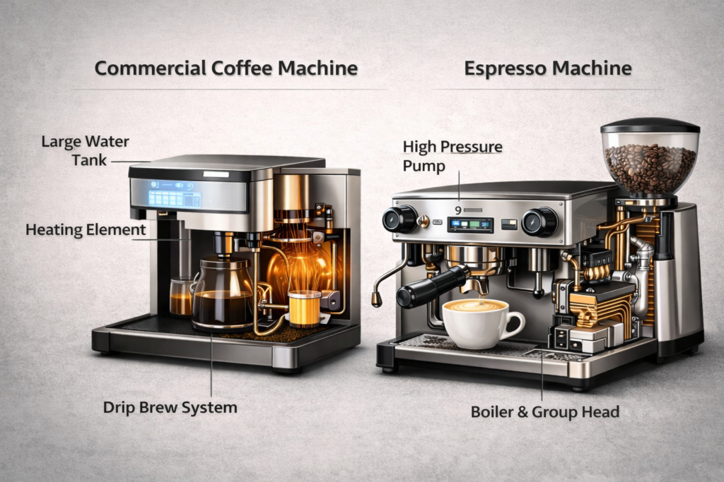 coffee machine internal components showing pressure and heating system