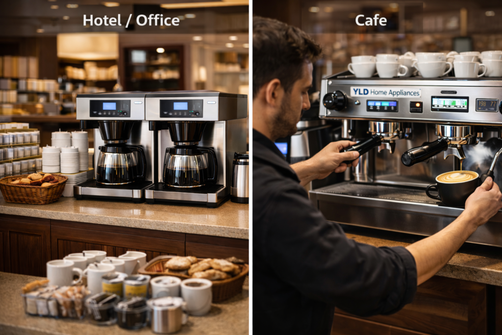 comparison of coffee machines used in hotel office and cafe environments