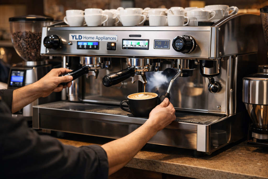 professional espresso machine with barista making specialty coffee
