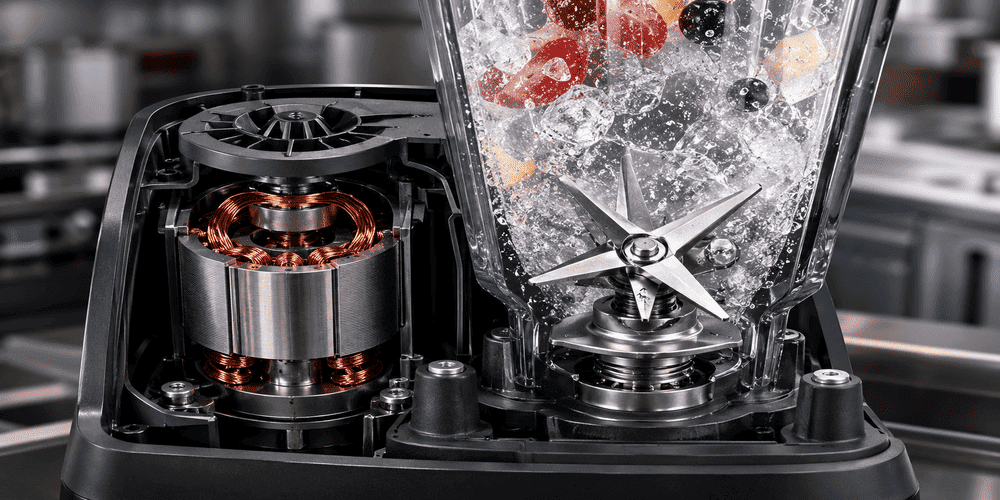 Commercial blender motor and stainless steel blade system