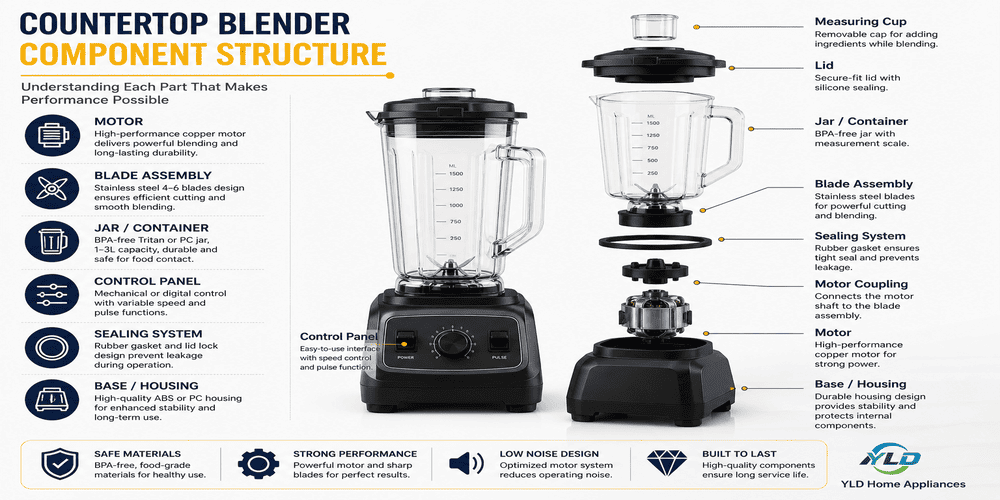 Countertop Blender Wholesale: What Importers Must Know Before Placing Bulk Orders 1 Countertop blender component structure diagram