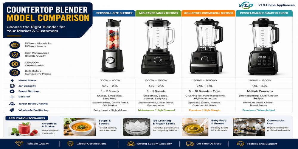 Countertop Blender Wholesale: What Importers Must Know Before Placing Bulk Orders 3 Countertop blender model comparison chart