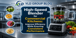 High-speed blender for commercial kitchens with YLD Group blog branding and professional kitchen background