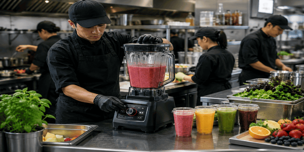 Restaurant kitchen using high speed blender during busy hours
